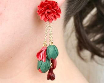 Red Carnation Earrings, Wear Two Ways Floral Studs, Wearable Art