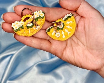 3D Lemon Beach Bag Earrings, Summer Beachy Fruty Jewelry, Unique Dangles