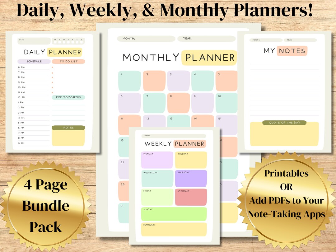Daily, Weekly, & Monthly Printable PDF Planners, Digital Download 4 ...
