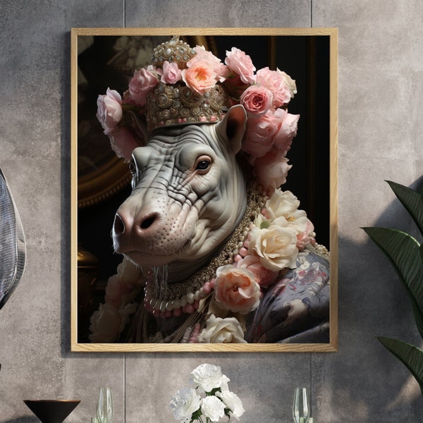 Hippo Queen, Hippo Vintage Portrait, Victorian Hippo Poster, Hippo Decor, Royalty Animal Art, Dark Gothic Fantasy Whimsical Animal