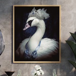 Swan Queen Vintage Portrait | Victorian Swan Painting, Swan Lake Decor, Royalty Animal Art, Dark Gothic Fantasy Whimsical Animal