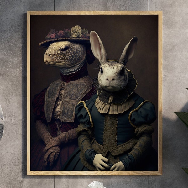 The Tortoise and the Hare, Victorian Bunny and Turtle, Vintage Animal Portrait, Fantasy Whimsical Animal