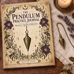 Könnte beinhalten: Ein rechteckiges Buch mit dem Titel The Pendulum Practice Journal mit cremefarbenem Einband, verziert mit violetten Prunkwinden, grünem Blattwerk und einer zentralen Pendelillustration. Ein passendes Messingpendel an einer Kette liegt daneben.