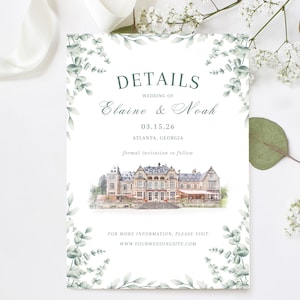 Tarjeta con detalles de acuarela de eucalipto, diseño de invitación de boda, ilustración de lugar con texto, invitaciones de boda personalizadas, decoración de boda DIY