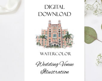 Watercolor Wedding Venue Illustration, Custom Wedding Invitations, DIY Wedding Decor, Digital Download, Wedding Gifts
