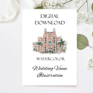 Aquarel trouwlocatie illustratie, aangepaste trouwkaarten, DIY bruiloft decor, digitale download, huwelijkscadeaus