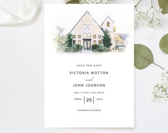 May include: A white wedding invitation card with a watercolor illustration of a building. The text reads "Save the Date" and lists the names "Victoria Wotton and John Johnson" with the date "April 25". White flowers and greenery surround the card.