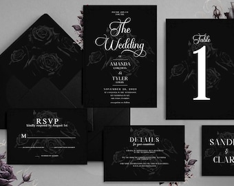 Puede incluir: Un conjunto de papelería de boda negra con detalles florales de rosas. Incluye una invitación, una tarjeta de confirmación de asistencia, una tarjeta de detalles, un número de mesa y una tarjeta de sitio. La invitación dice "The Wedding".