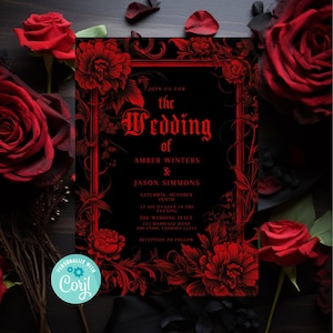 Modèle de faire-part de mariage gothique rouge, faire-part rouge et noir, faire-part modifiable, faire-part de mariage bricolage, mariage d'humeur sombre, inspiré des vampires