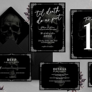 Bis der Tod uns scheidet, Gothic Hochzeitseinladung, schwarze Hochzeitseinladung, DIY Hochzeitseinladung, dunkle launische Hochzeit, Skelett einladen