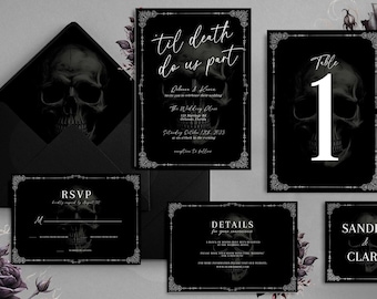 May include: Black wedding stationery set featuring a skull design. Includes invitations, RSVP cards, table number, details card, and an envelope. The invitation reads "'til death do us part". The table number card displays the number "1".
