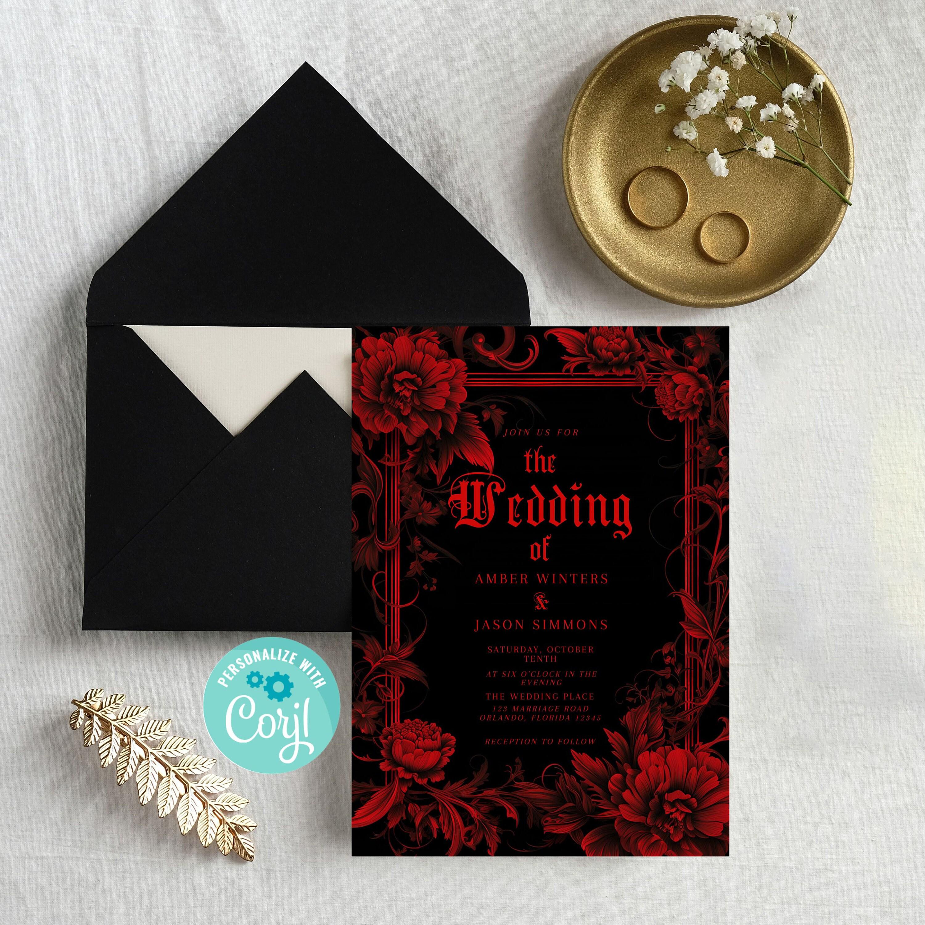 Red Gothic Wedding Invitation Template, Red and Black Invite, Editable ...