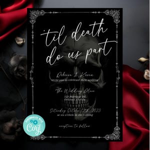 Bis der Tod uns scheidet, Gothic Hochzeitseinladung Vorlage, Schwarze Hochzeitseinladung, DIY Hochzeit Einladen, Dunkel Moody Hochzeit, Skelett Einladen