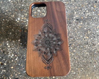 iPhone 12 Cell Phone Case - READY TO SHIP Mandala Phone Case - Walnut Wooden Phone Case for iPhone 12