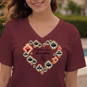 Bluff Like A Lady Poker Shirt, Women Poker Player Shirt, Women Poker V Neck Shirts, Pocket Heart Love Poker Shirt, Short Sleeve Poker Boss