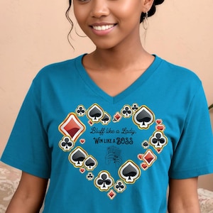 Bluff Like A Lady Poker Shirt, Women Poker Player Shirt, Women Poker V Neck Shirts, Pocket Heart Love Poker Shirt, Short Sleeve Poker Boss