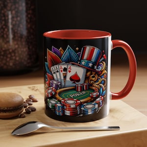 Caneca de café de pôquer de jogo de cassino, caneca de jogo de cassino, xícara de café de jogador de pôquer, caneca de jogo de pôquer, caneca de mesa de pôquer, caneca vermelha de dois tons