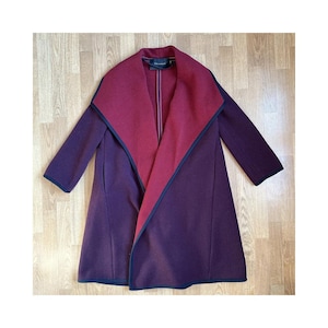French TARA JARMON Ladies Womens Purple & Dark Red Long Wool Coat Cape Cloack with Lapel Collar