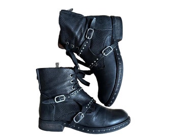 AS98 Airstep A.S.98 en cuir noir pour femmes, bottes cheville, véritables bottes pour femmes, bottes gothiques, bottes plates bohème moto taille 38 EU