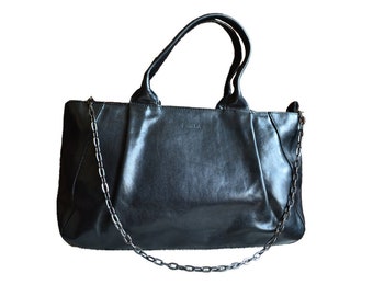 FURLA Vintage Black Leather Chain Handbag, Women Leather Bag, Furla Tote Bag Made in Italy