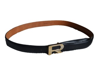 RODIER Paris Vintage Women's Black Waist Leather Belt 85 Gold Tone R Buckle, French France Vintage Belt, genuine leather belt