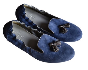 HOGAN Blue Metallic Ballet Suede Flats con borlas, zapatos de cuero genuino para mujer, Made in Italy, zapatos de mujer