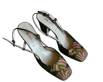 Prada Vintage Satin Printed Block Heel Pumps, Multicolour Rare Archive Authentic, square toe and heel, Women's high-heel shoes, Prada heels