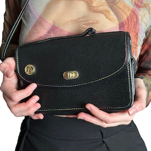 FRANCOIS MAROT PARIS Vintage Rare Genuine Leather Crossbody Bag Handbag Duffel Flap Black, Rainbow Thread, Dog Logo