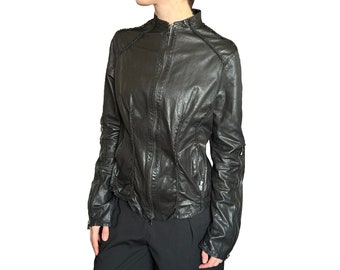 Vintage 90s Black Pino Covino .it collection Unique Ladies Womens Spring Leather Jacket, Made in Italy, Zip Up Leather Jacket, Size 48