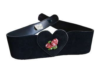 Heart Buckle Dirndl Belt, Austrian Oktoberfest Belt, Black Suede Trachten Belt, Bavarian Leather Belt, Tyrol Folk Costume Belt, Roses Belt