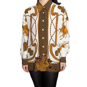 Vintage Boutique by elegance s.a. paris baroque blouse 90&#39;s 80&#39;s Elegant White Bridle Print Horse Button-Up shirt Germany