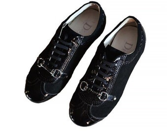 Vintage Dior Logo Rare Shoes Pumps Trainers Sneakers Patent varnish lacquer Genuine Leather Suede women ladies black, Y2K, Christian Dior