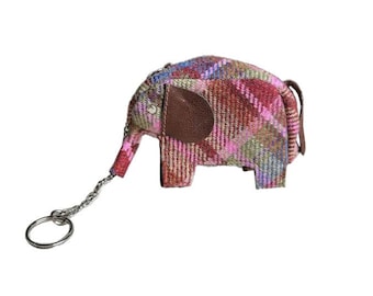 Handmade Elephant Key/Coin Purse Wallet in Multi Pink Tweed / Brown Leather