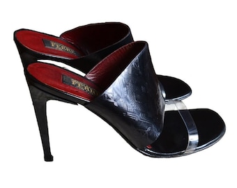 GIANFRANCO FERRE Monogram Leather Pumps Heels Heeled Sandals, Size 39, High Heels, Made in Italy
