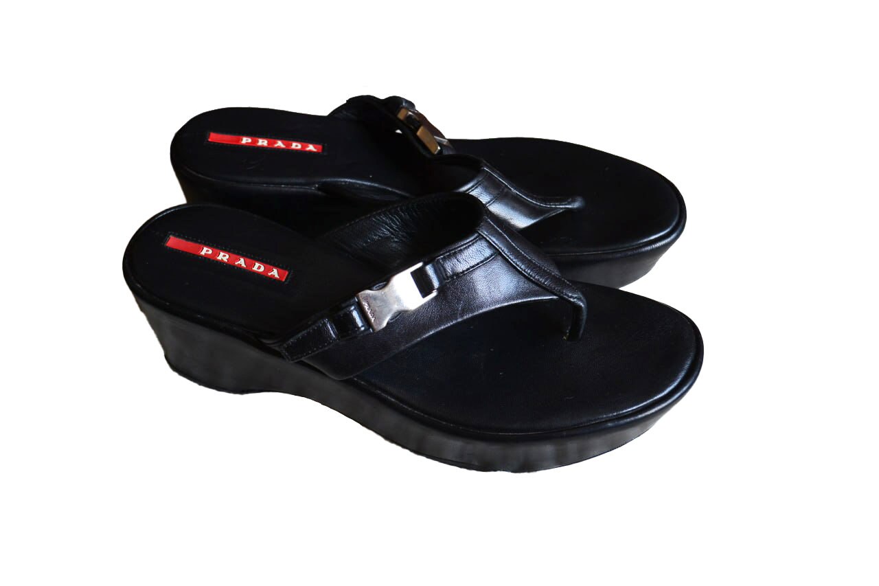 Prada Black Platform Sandals Flip Flops Wedges With