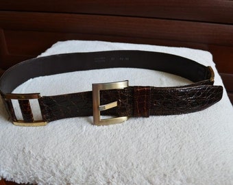 Vintage Faux Crocodile Leather Belt Brown Medium USA VTG 80s 90s Buckle Trend M 1990s Brown Faux Croc Belt, Vintage Crocodile Embossed Belt  main image 4