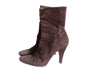 Vintage PRADA Brown Suede Boots Mid Suede Booties Designer Couture Italy 39