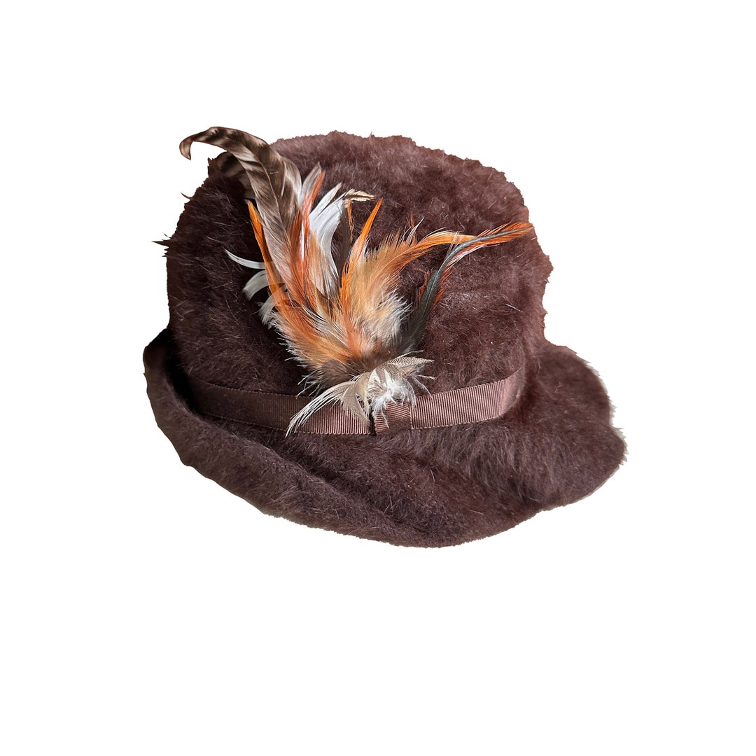 1960s/70s Fluffi by Marida Brown Angora Hat With Feathers - Etsy display picture 1