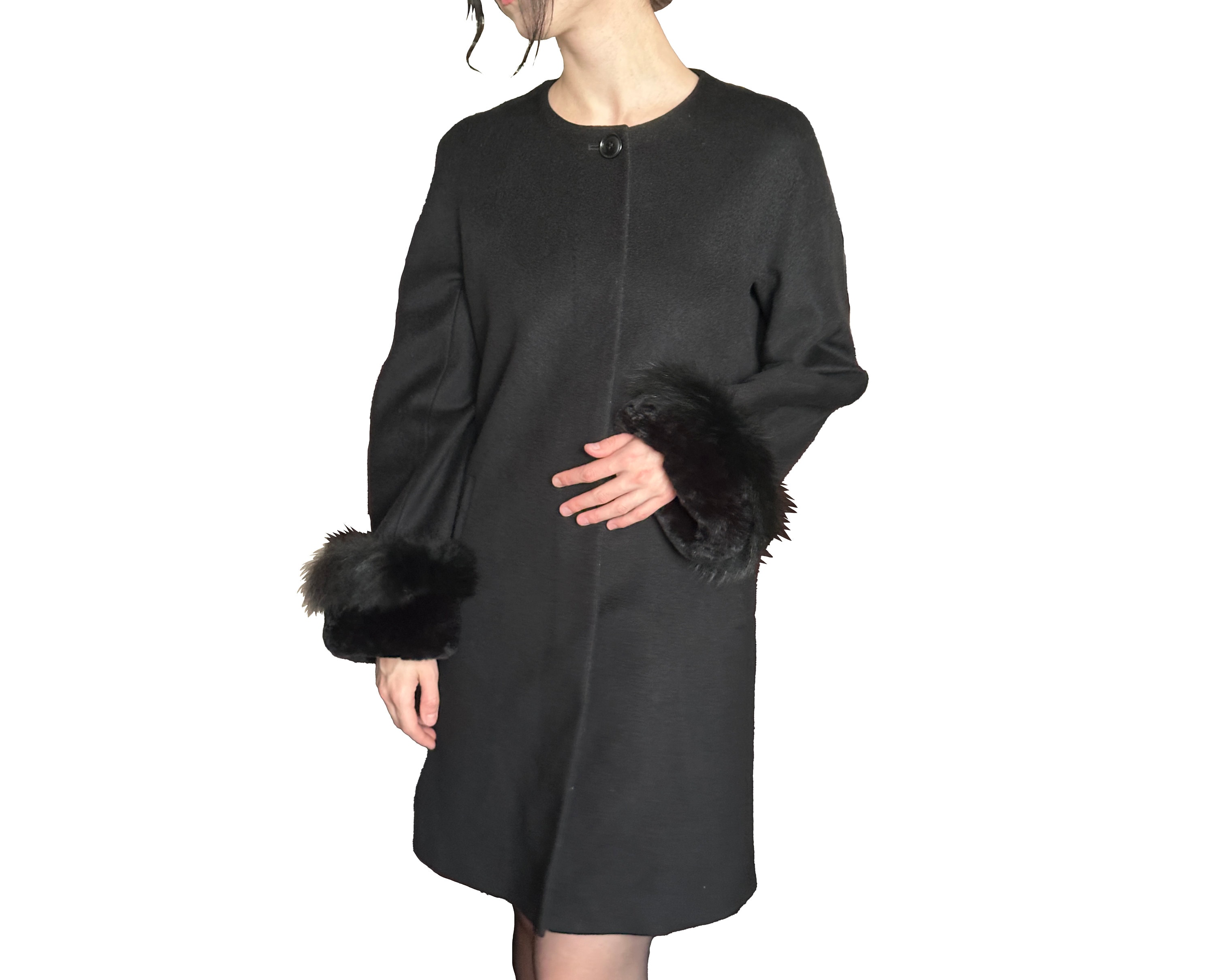 MAX MARA STUDIO Vintage Ladies Black Wool Coat Fox & Rabbit Fur