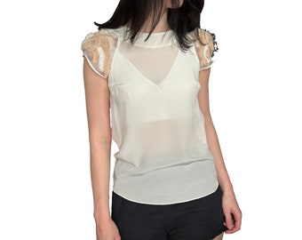 SANDRO Seidenhemd, zarte durchscheinende weiße Creme-Bluse, kurzärmeliges Top, Bürogröße I