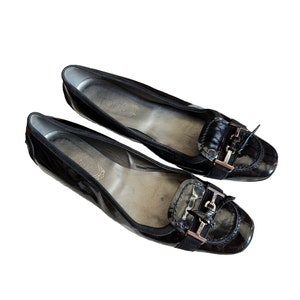 TOD&#39;S Vintage Womens Patent & Suede Leather Black Flats Shoes Size 38.5 EU, Silver Buckle