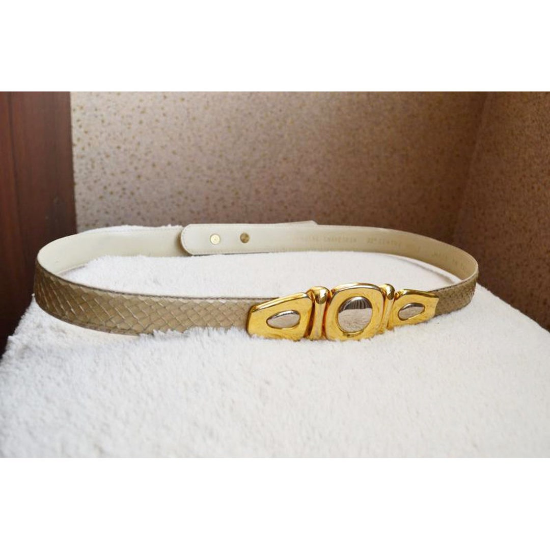 Vintage Genuine Snake Skin Beige Belt With Gold Tone Detail 