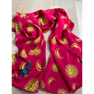 Long Silk Scarf VIP Company Switzerland Red Stole Sun and Moon Medieval Print, V.I.P Company Vintage, Narrow Silk Scarf