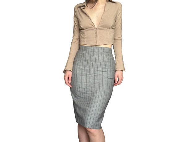 Max Mara, MAX MARA gray pencil skirt, MaxMara striped wool skirt, Vintage MaxMara grey skirt, Knee length skirt, Striped pencil skirt, Size GB10