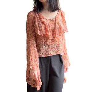 Laltramoda Paisley Silk Translucent Ruffled Blouse, Airy Boho Top, Bohemian Hippie Orange Summer Disco Fesival Clothing, Fairy Goddess