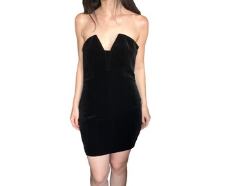 Vintage Madiva PALAIS ROYAL Paris Velour Short Black Little Dress, Retro Short Prom Dress, Old Hollywood Dress, Strapless dress 42/10