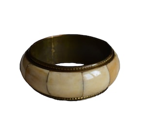 Vintage India Brass Bangle Bracelet Bone Inlay Bohemian Ethnic Vibe Thick Wide Statement Piece Natural Ivory Cream Color Boho