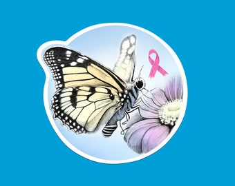 Butterfly Breast Cancer Awareness Vinyl Sticker: Laptop, Water Bottle (3x3)