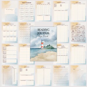 May include: A printable reading journal with a watercolor illustration of a lighthouse on a beach. The journal includes pages for tracking books read, wishlists, and quotes. The title of the journal is "Reading Journal Lucy James".