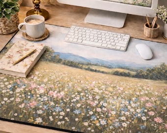Wildflower Landscape Desk Mat: Cottagecore Botanical Office Decor